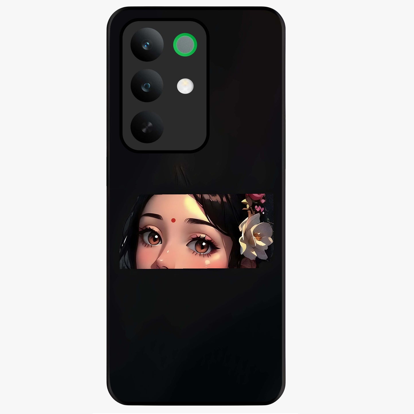 Radha Divine Embrace Glass Case showing flat back view with devotional Radha artwork and glossy glass finish.