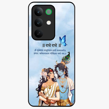 Radha Krishna Eternal Glass Case showing flat back view with Radha Krishna devotional artwork and glossy glass finish.
