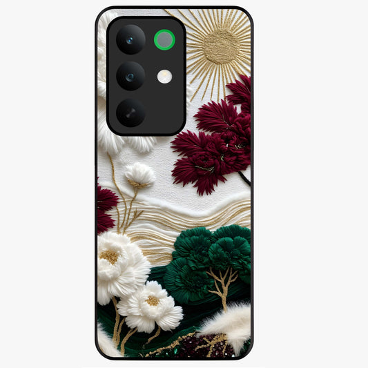 Radiant Bloom Elegance Glass Case showing flat back view with elegant blooming flower artwork and glossy glass finish.