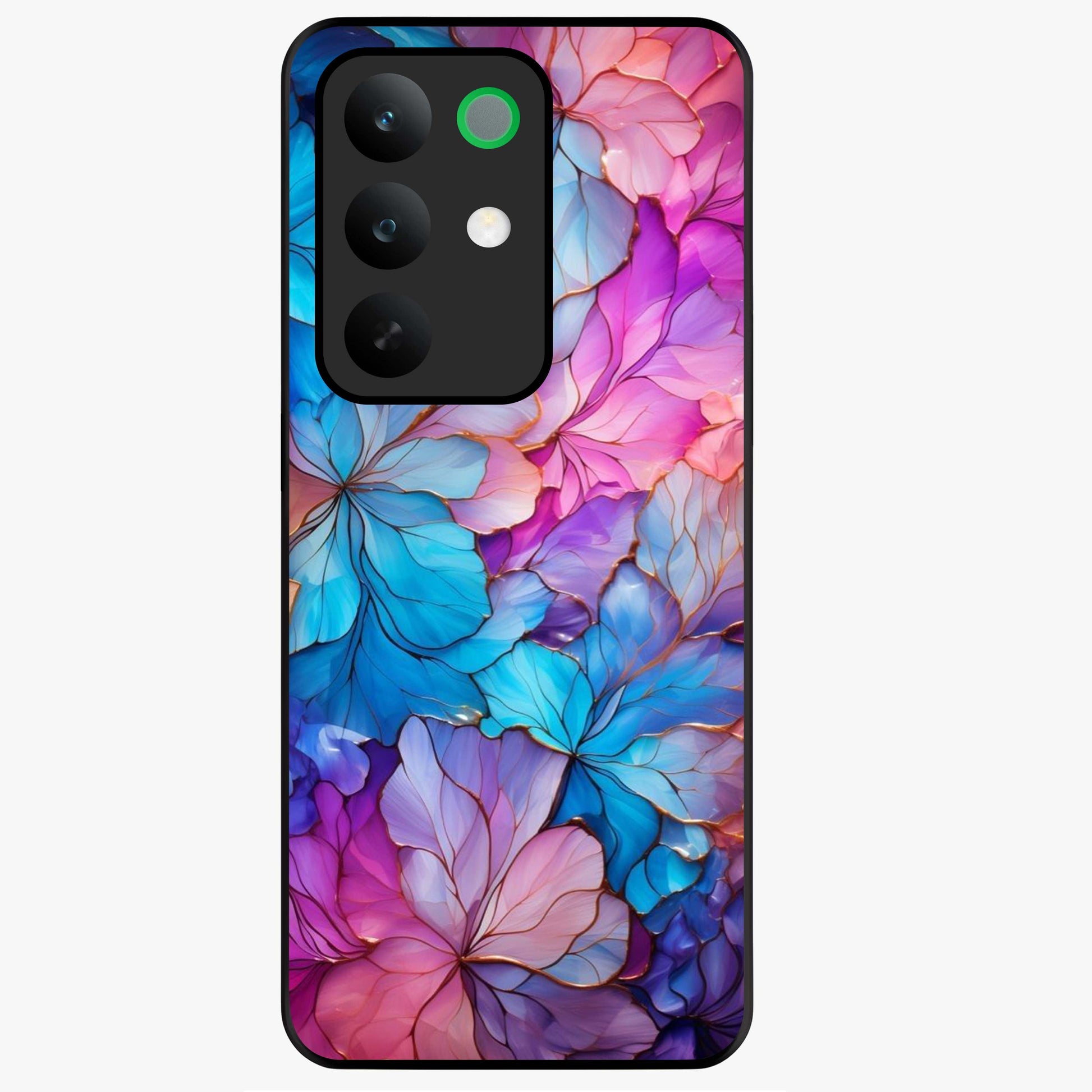 Radiant Floral Whirl Glass Case showing flat back view with swirling floral artwork and glossy glass finish.