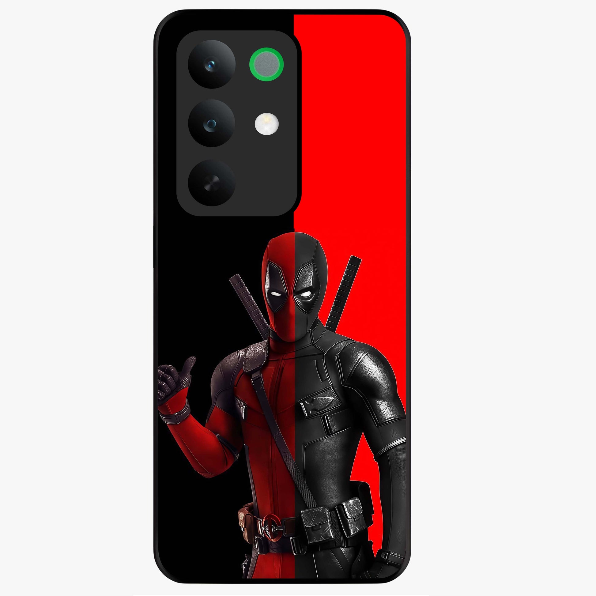 Red & Black Deadpool Theme Glass Case showing flat back view with bold comic inspired artwork and glossy glass finish.