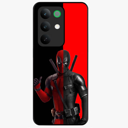 Red & Black Deadpool Theme Glass Case showing flat back view with bold comic inspired artwork and glossy glass finish.