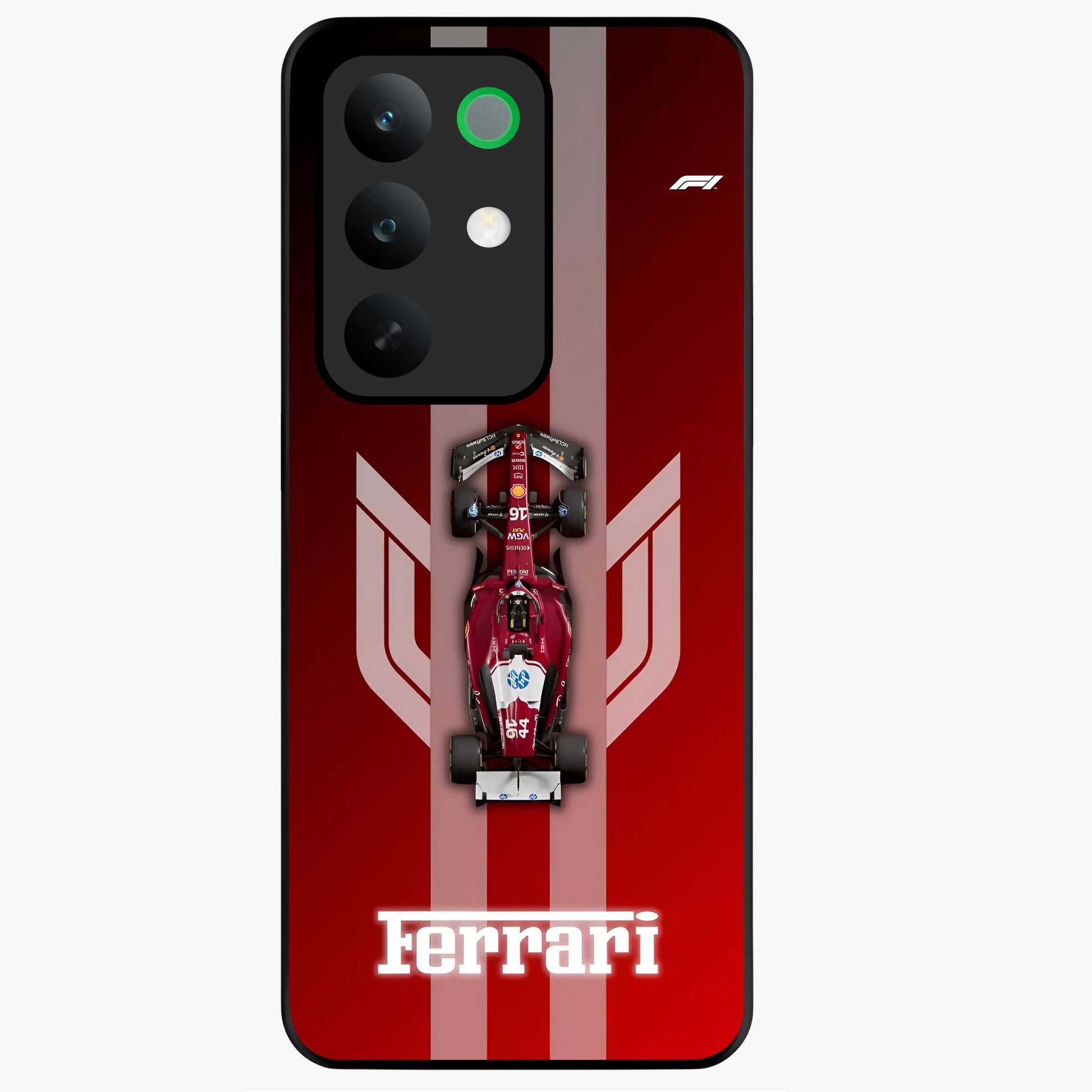 Red Ferrari F1 Vertical Glass Case showing flat back view with sleek Formula racing car artwork and glossy glass finish.