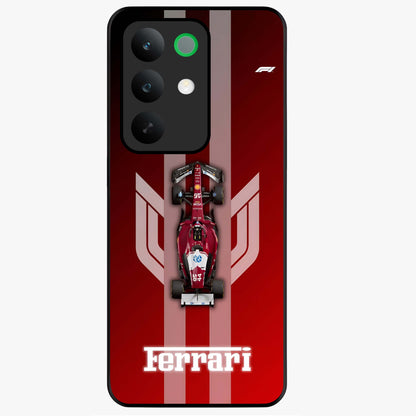 Red Ferrari F1 Vertical Glass Case showing flat back view with sleek Formula racing car artwork and glossy glass finish.