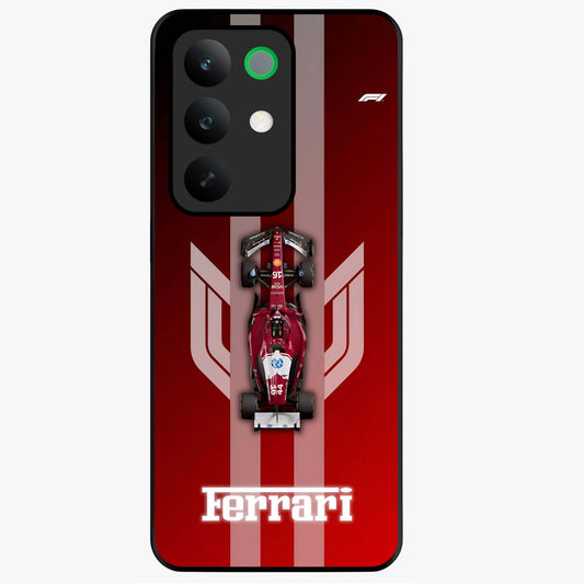 Red Ferrari F1 Vertical Glass Case showing flat back view with sleek Formula racing car artwork and glossy glass finish.