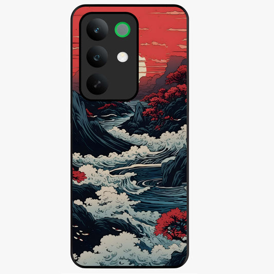 Red Sunset Scenery Glass Case showing flat back view with vibrant sunset landscape artwork and glossy glass finish.