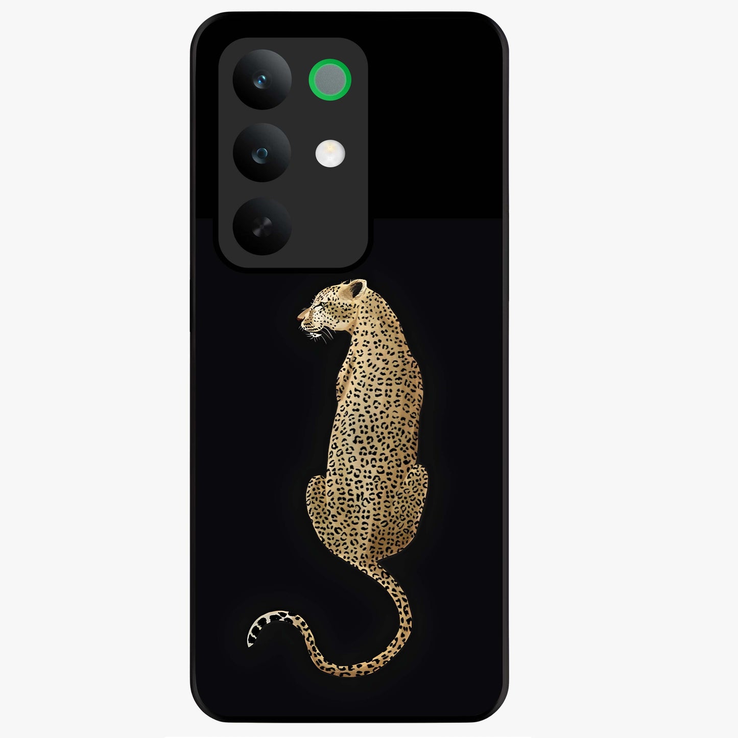 Regal Leopard Glass Case showing flat back view with bold leopard artwork and glossy glass finish.