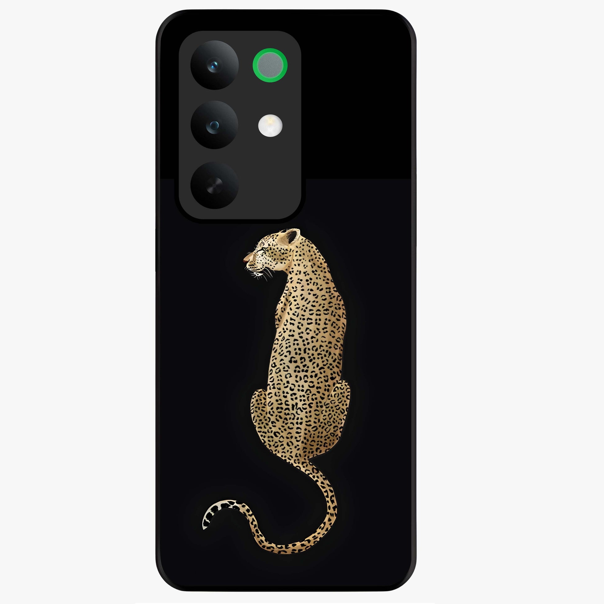 Regal Leopard Glass Case showing flat back view with bold leopard artwork and glossy glass finish.
