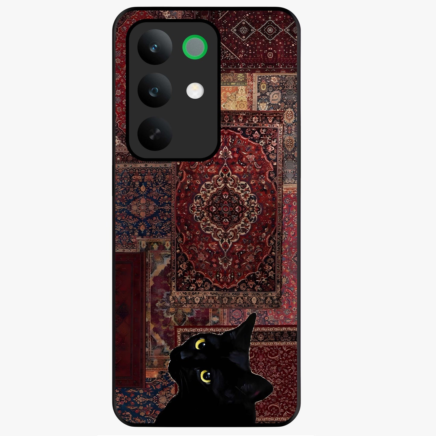 Regal Magic Cat Apple Glass Case showing flat back view with magical cat artwork holding apple and glossy glass finish.