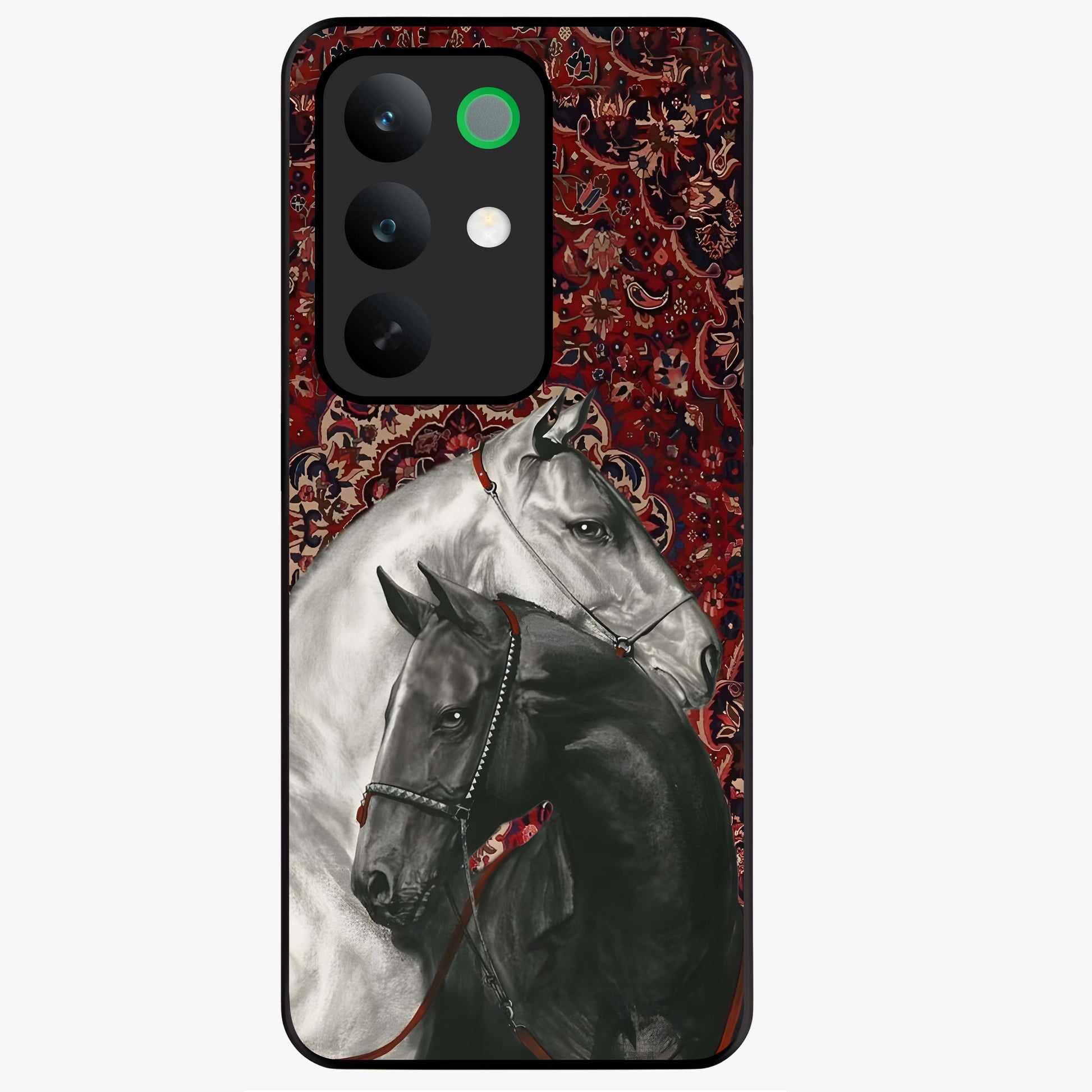 Regal Stallion Tapestry Glass Case showing flat back view with majestic horse tapestry artwork and glossy glass finish.