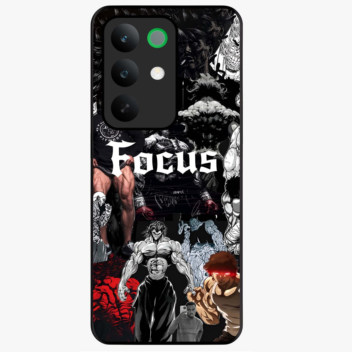 Relentless Power Focus Glass Case showing flat back view with motivational typography artwork and glossy glass finish.