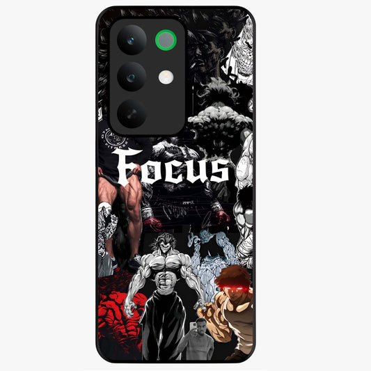 Relentless Power Focus Glass Case showing flat back view with motivational typography artwork and glossy glass finish.