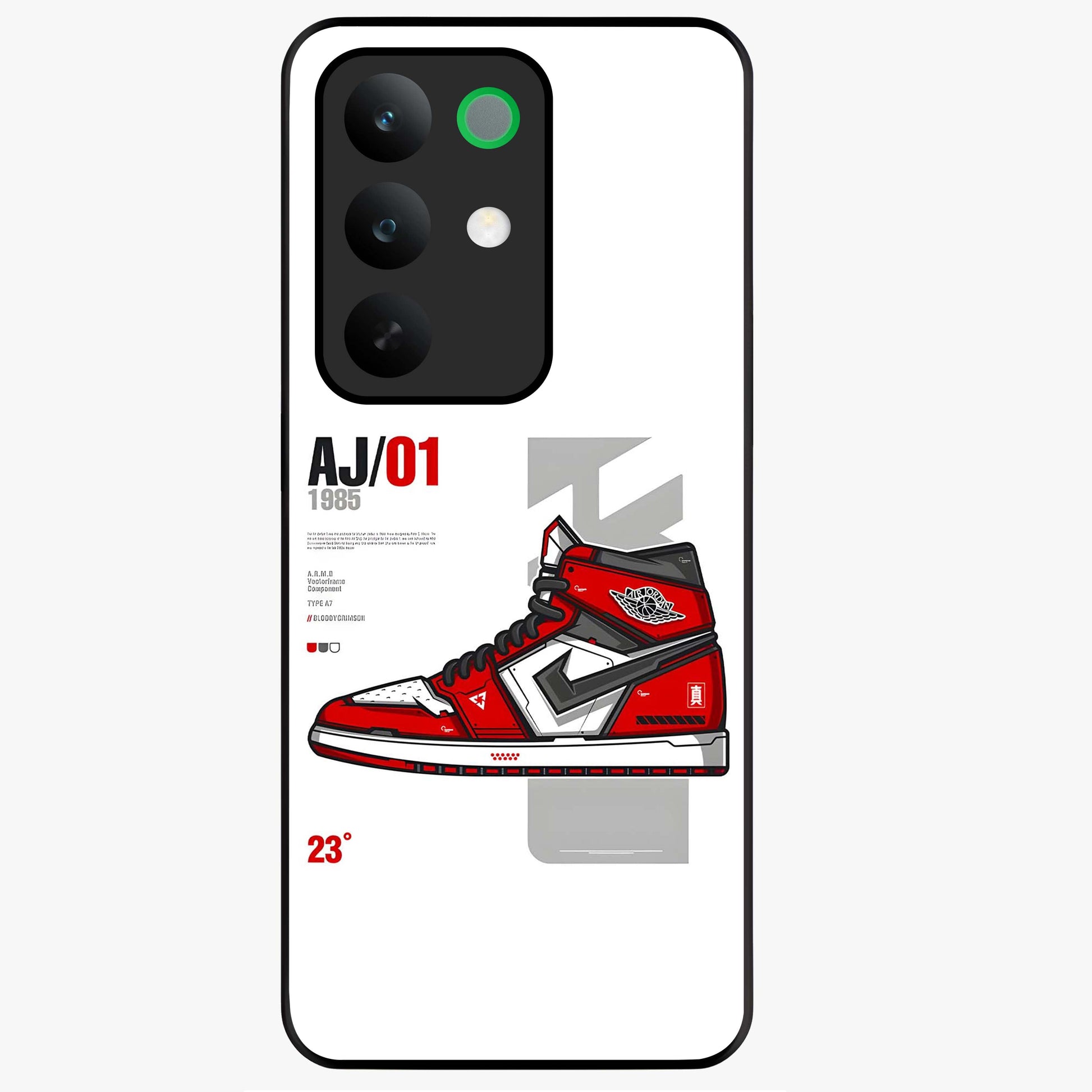 Retro Sneaker Blueprint Glass Case showing flat back view with sneaker blueprint style artwork and glossy glass finish.