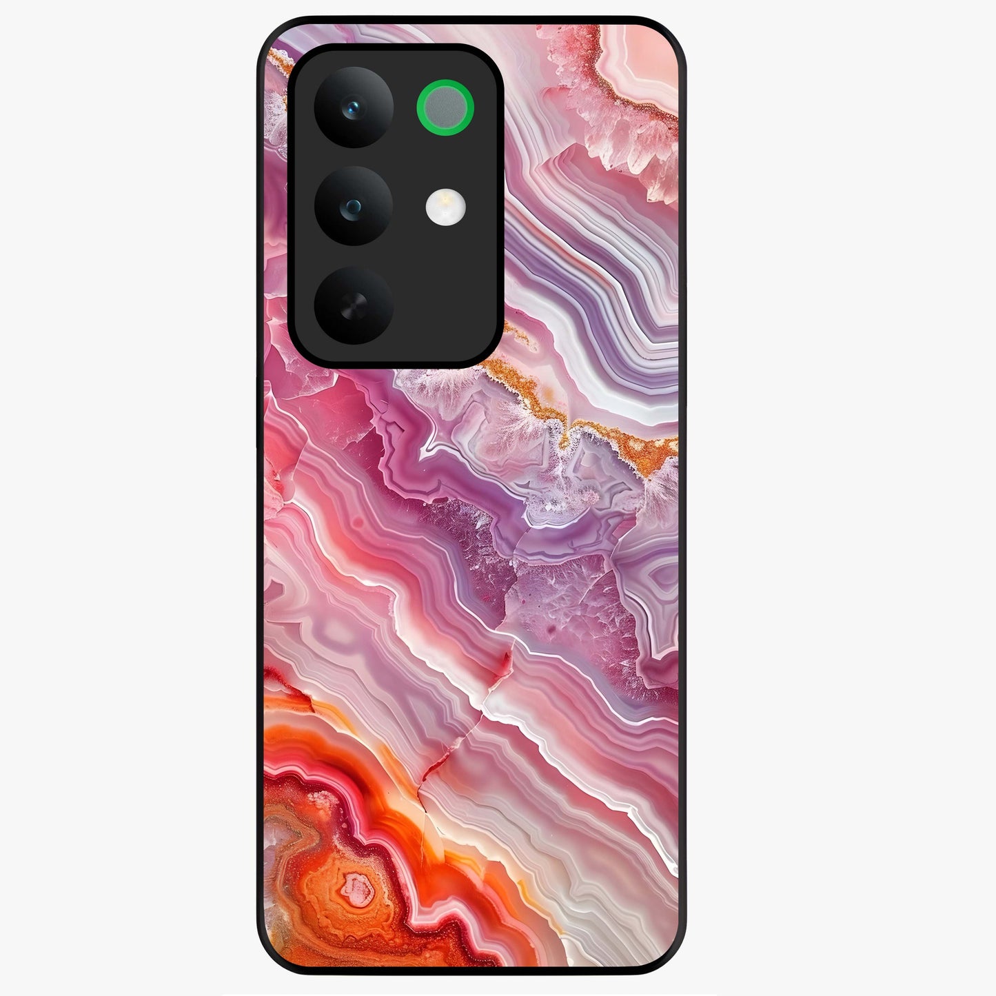 Rose Quartz Marble Glass Case showing flat back view with pink marble quartz texture artwork and glossy glass finish.