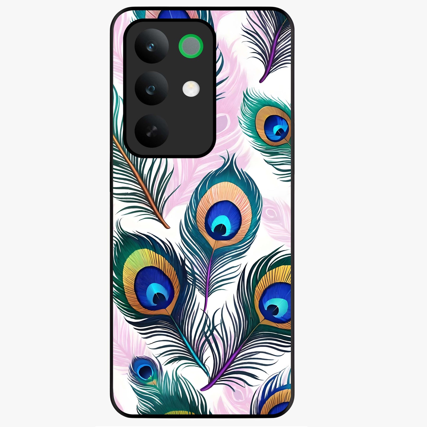Royal Peacock Feathers Glass Case showing flat back view with colorful peacock feather artwork and glossy glass finish.