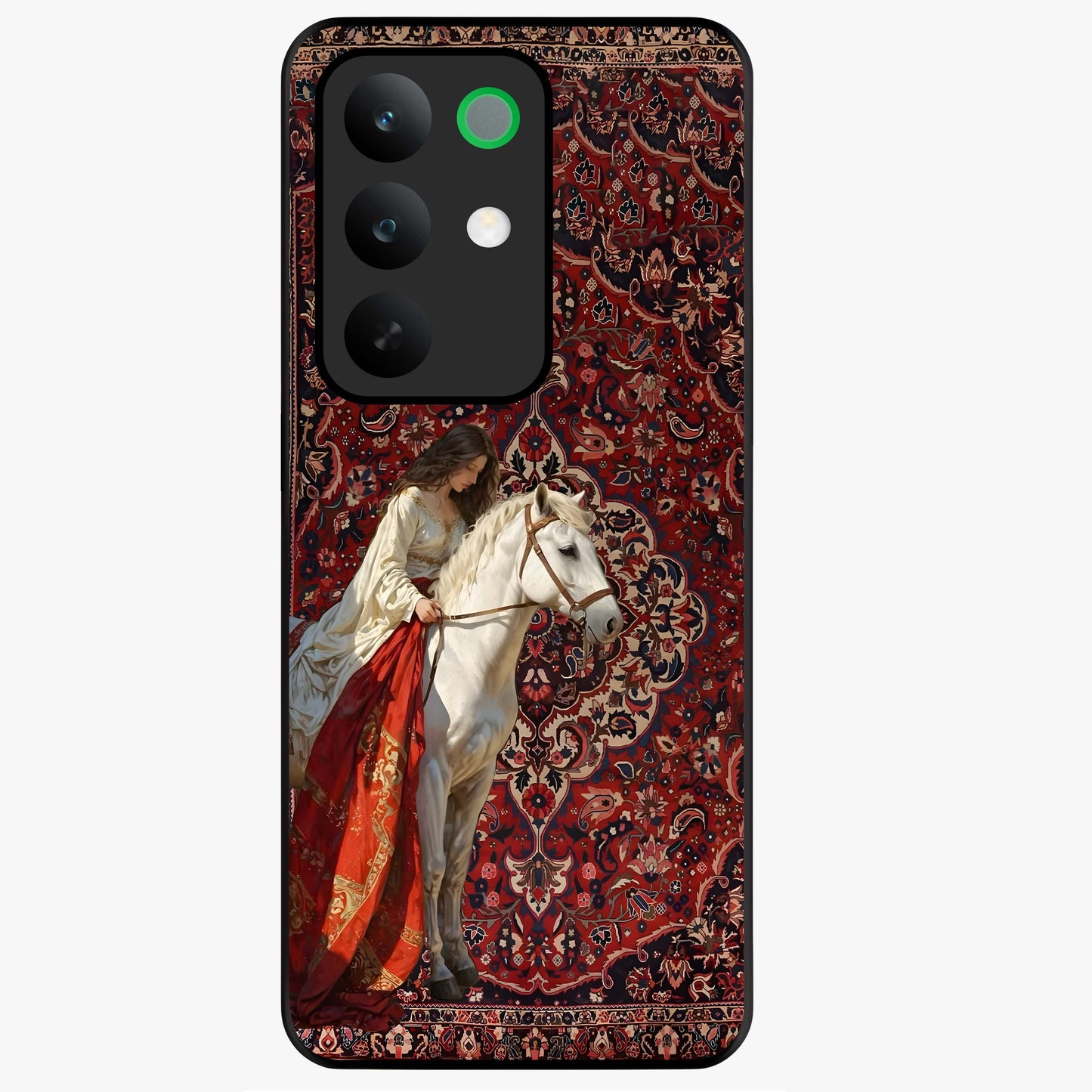 Royal Rider Tapestry Glass Case showing flat back view with majestic horse rider tapestry artwork and glossy glass finish.