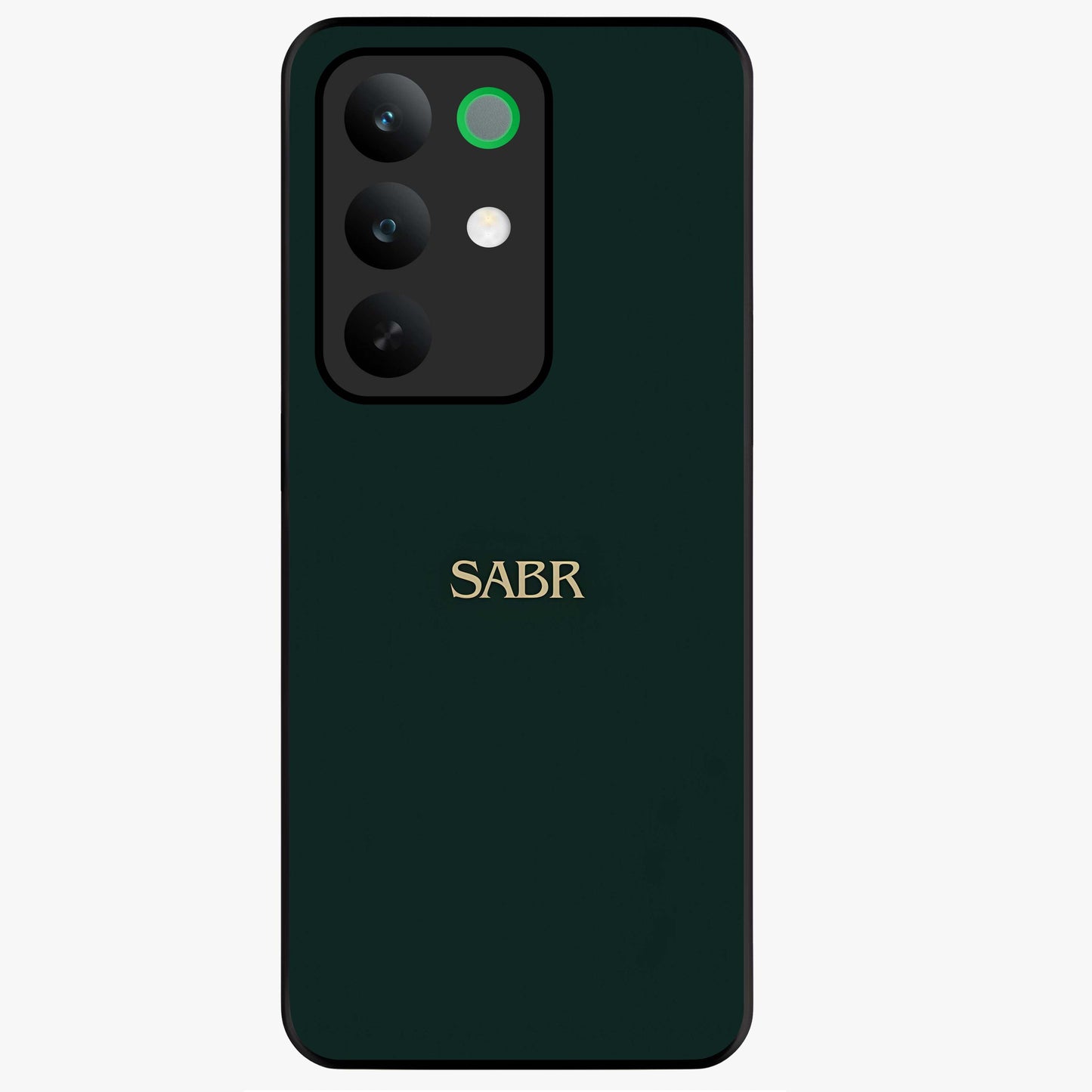 Sabr Minimal Patience Glass Case showing flat back view with minimalist typography artwork and glossy glass finish.