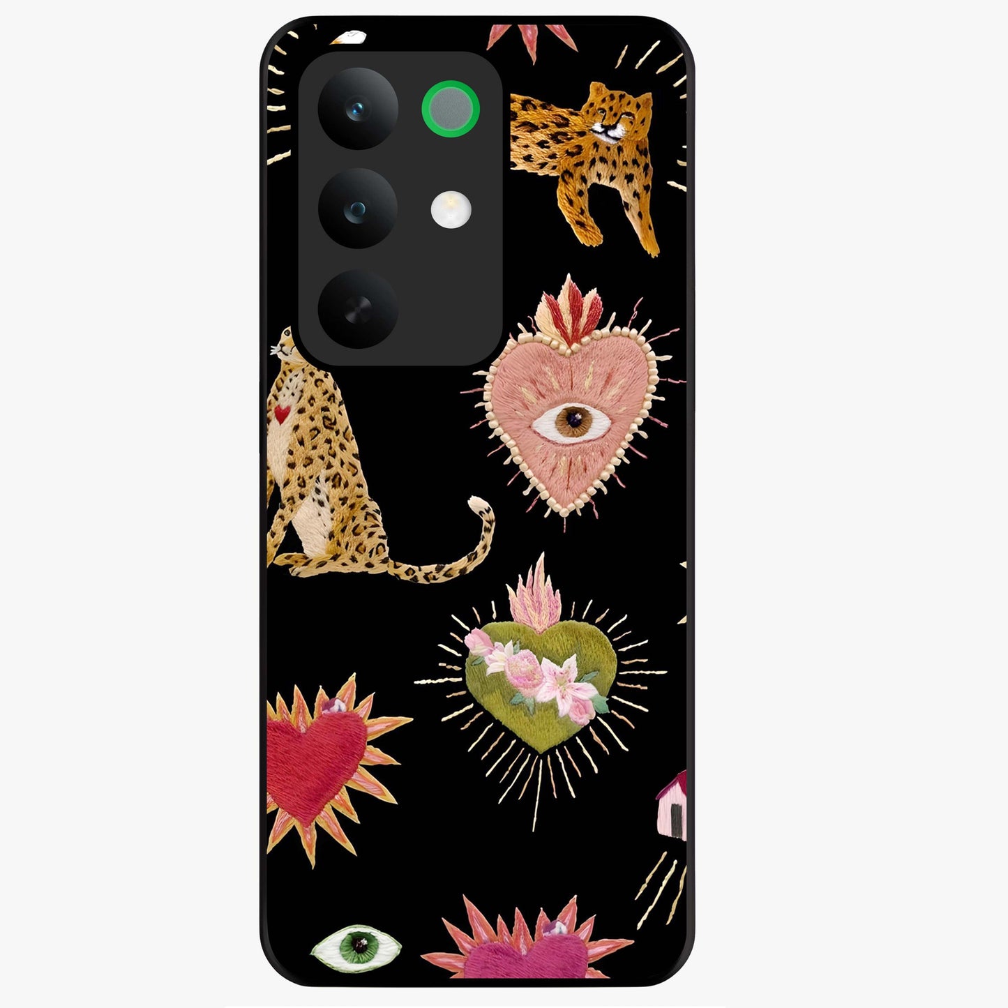 Sacred Jungle Heart Glass Case showing flat back view with jungle inspired heart artwork and glossy glass finish.