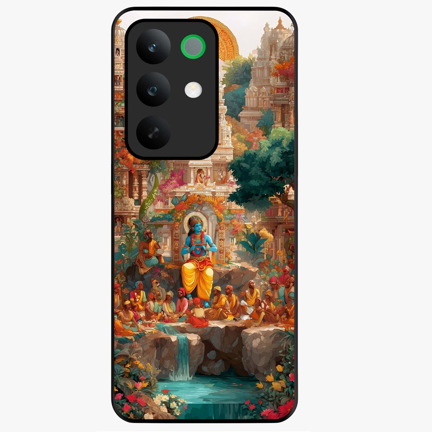 Sacred Sunlight Gods Glass Case showing flat back view with divine sunlight themed artwork and glossy glass finish.