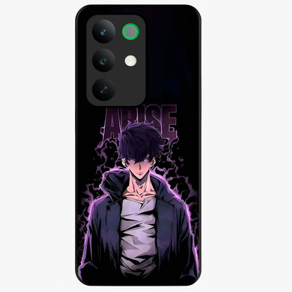Shadow Monarch Awakening Glass Case showing flat back view with powerful dark monarch themed artwork and glossy glass finish.