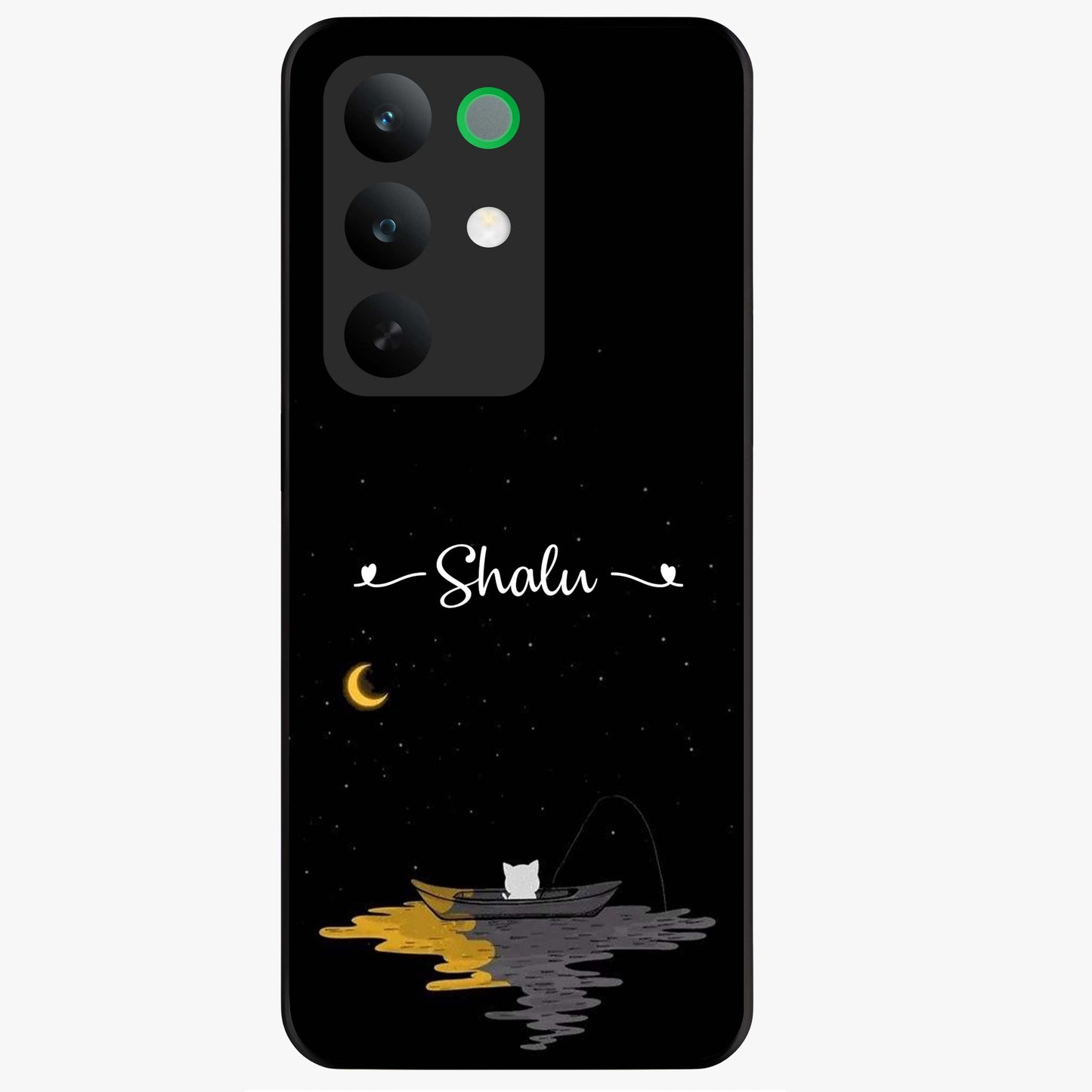 Silent Night Row Glass Case showing flat back view with calm night themed artwork and glossy glass finish.