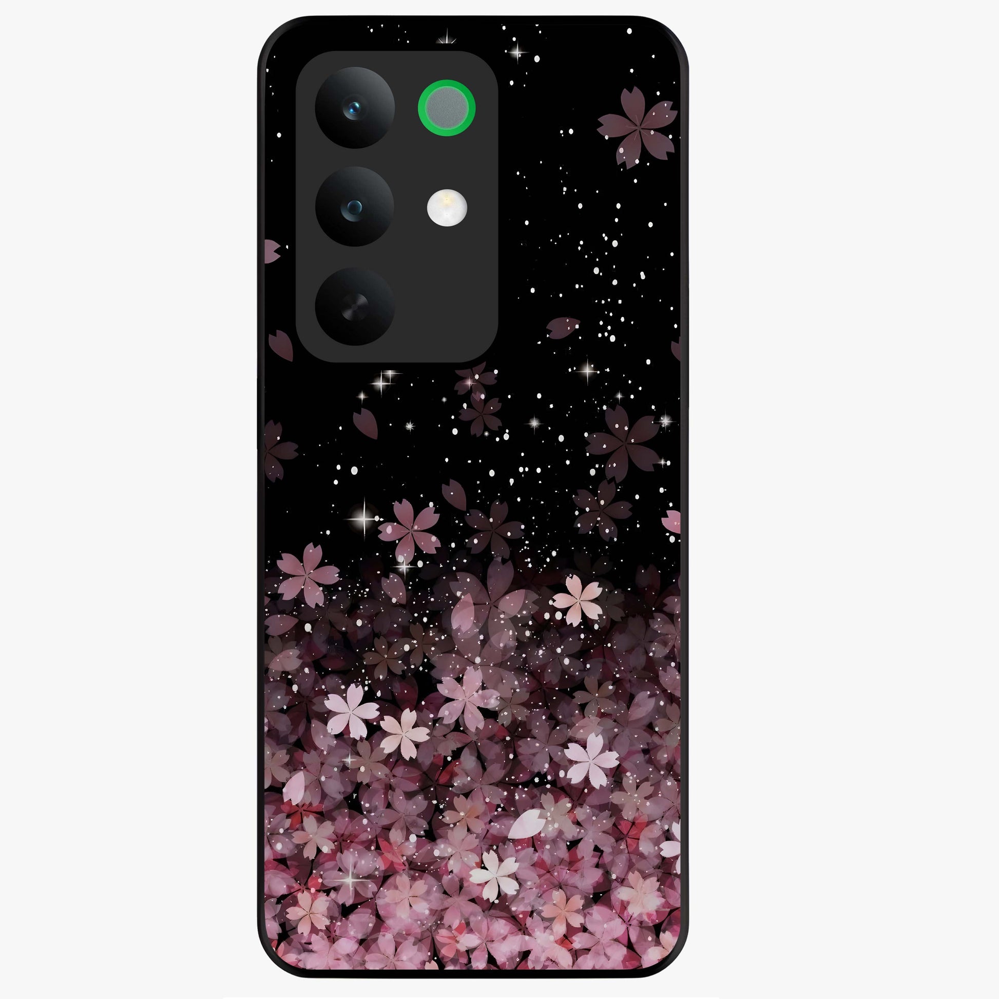 Small Starry Flowers Glass Case showing flat back view with delicate starry floral artwork and glossy glass finish.