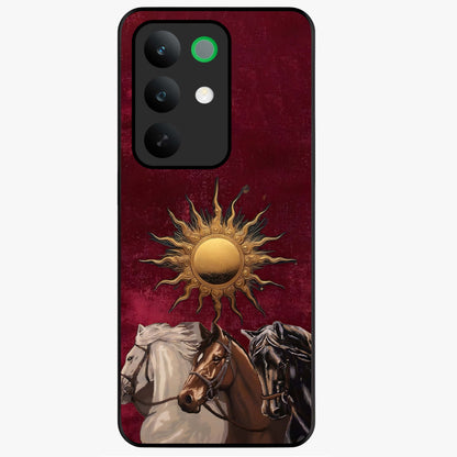 Solar Riders Glass Case showing flat back view with dynamic rider themed artwork and glossy glass finish.