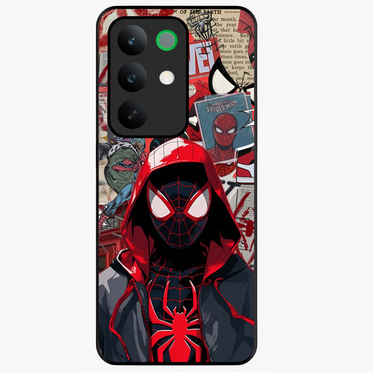 Spider Collage Street Glass Case showing flat back view with vibrant superhero collage artwork and glossy glass finish.