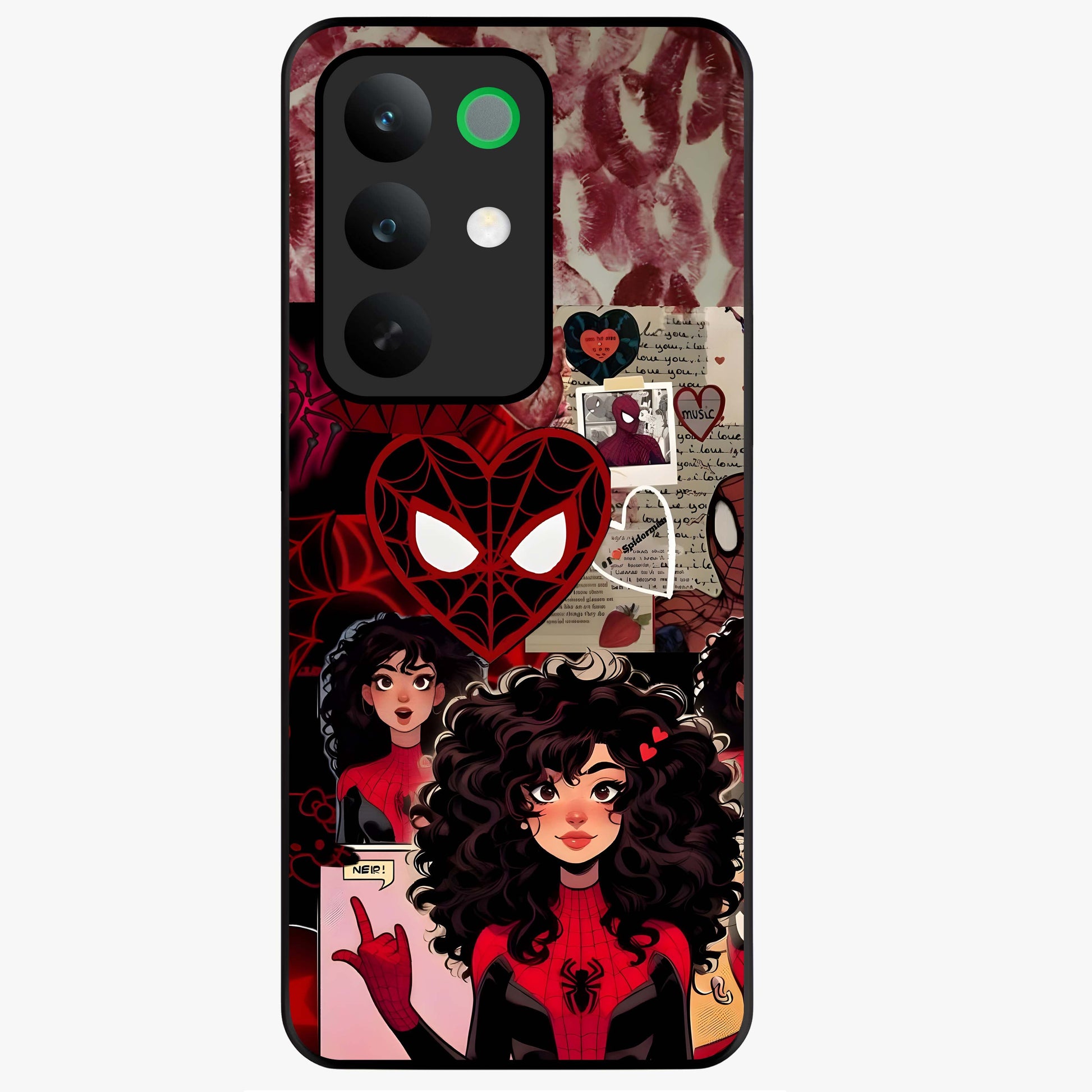 Spider Love Story Glass Case showing flat back view with romantic superhero themed artwork and glossy glass finish.