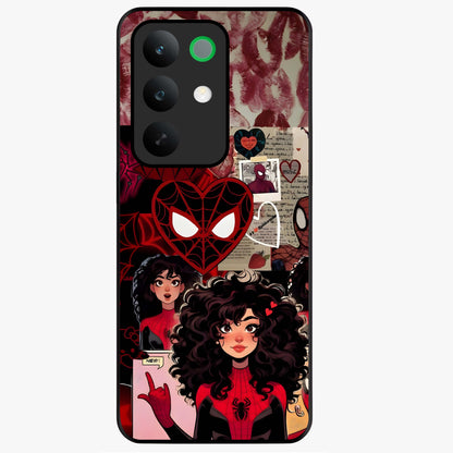Spider Love Story Glass Case showing flat back view with romantic superhero themed artwork and glossy glass finish.