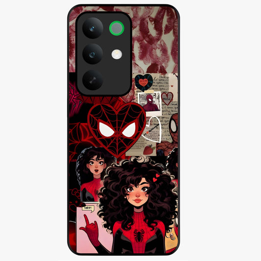 Spider Love Story Glass Case showing flat back view with romantic superhero themed artwork and glossy glass finish.