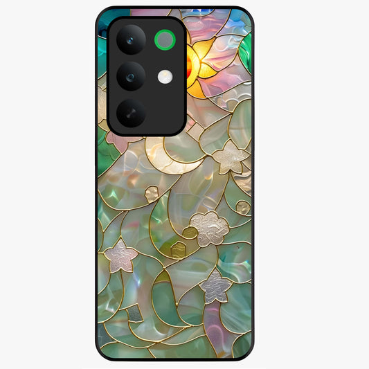Stained Sunrise Glow Glass Case showing flat back view with glowing sunrise stained pattern artwork and glossy glass finish.