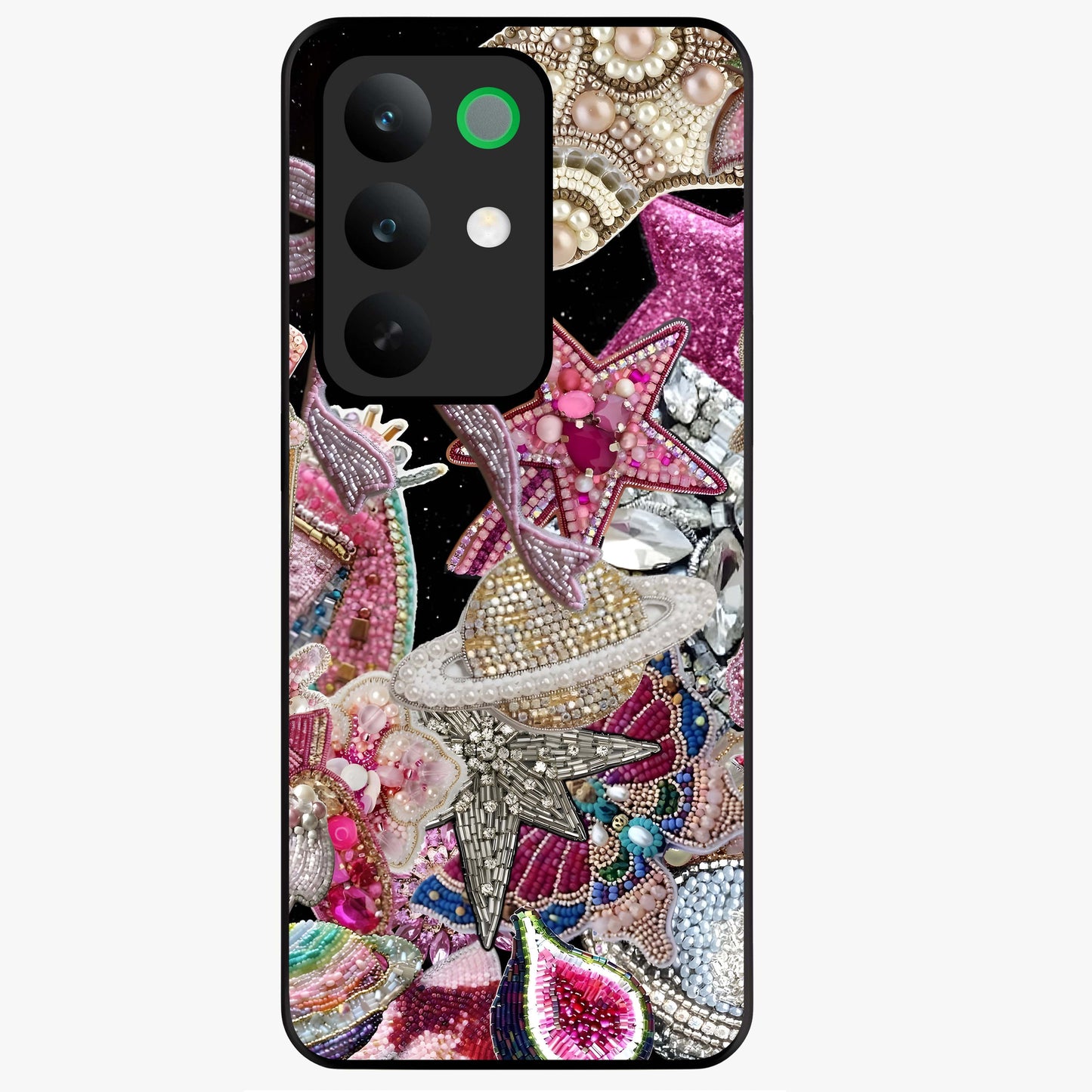 Starlit Jewel Dream Glass Case showing flat back view with sparkling jewel and star themed artwork and glossy glass finish.