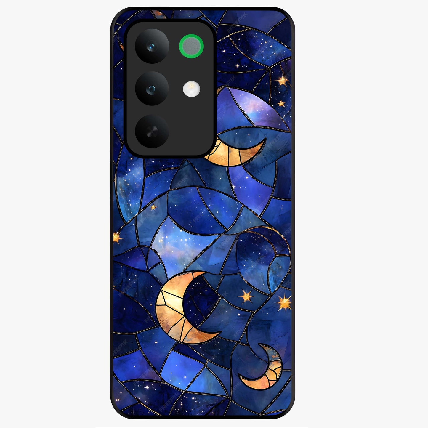 Starlit Sky Tapestry Glass Case showing flat back view with decorative starry sky tapestry artwork and glossy glass finish.