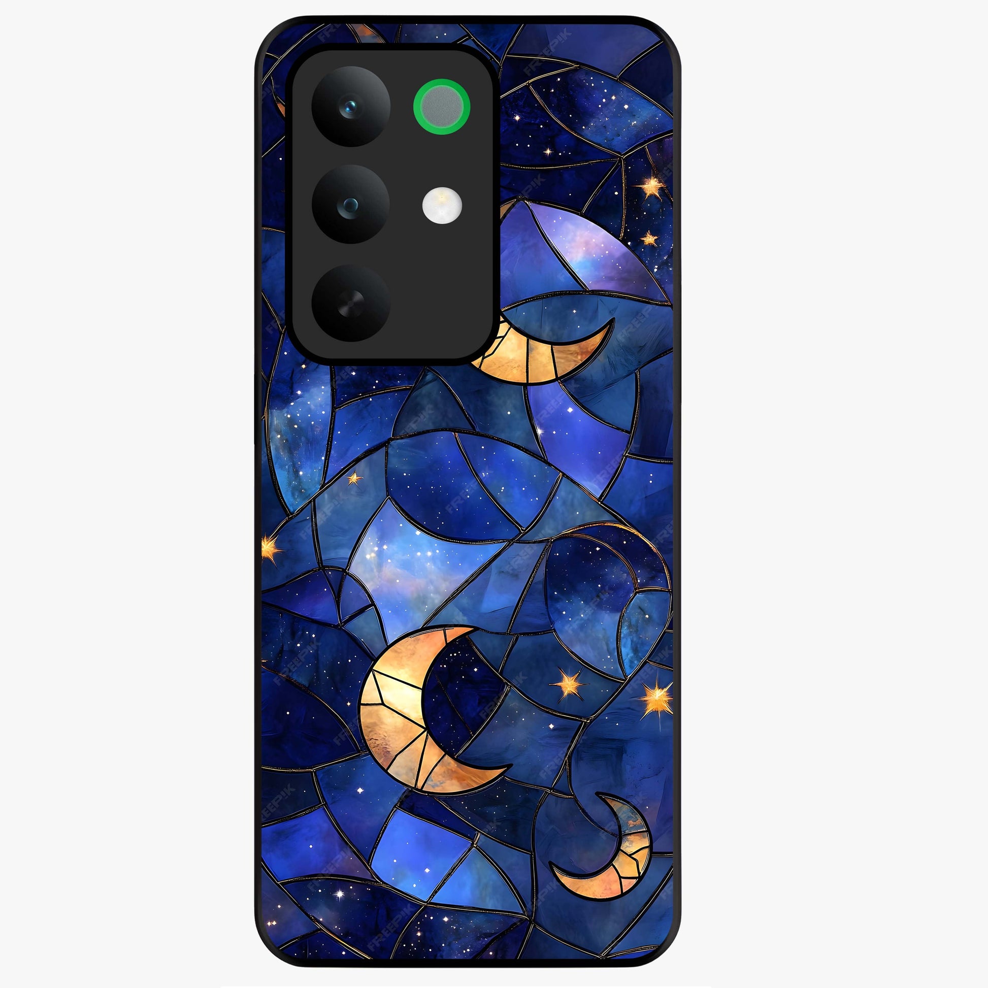 Starlit Sky Tapestry Glass Case showing flat back view with decorative starry sky tapestry artwork and glossy glass finish.