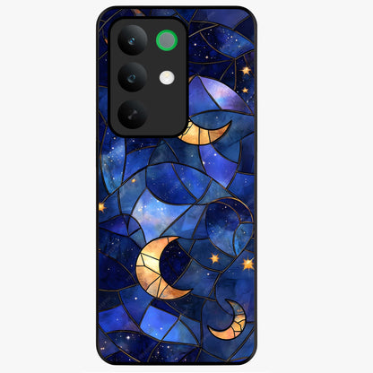 Starlit Sky Tapestry Glass Case showing flat back view with decorative starry sky tapestry artwork and glossy glass finish.