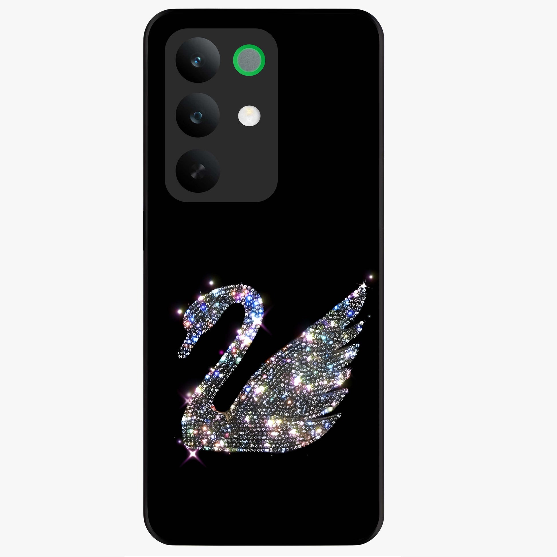Starlit Swan Grace Glass Case showing flat back view with graceful swan artwork under starry sky and glossy glass finish.