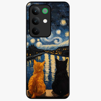 Starry River Cats Glass Case showing flat back view with cats by a starry river artwork and glossy glass finish.