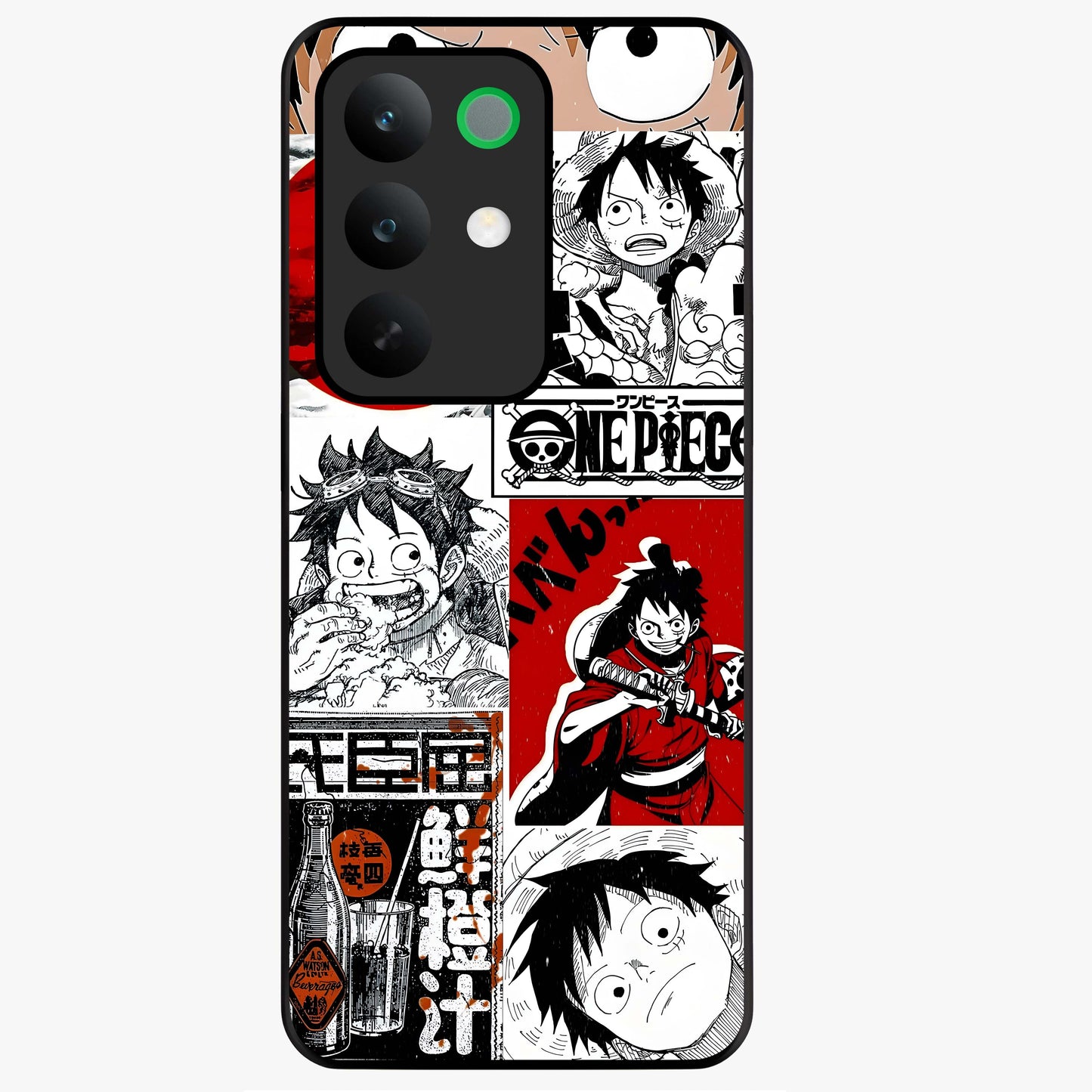 Strawhat Chaos Panels Glass Case showing flat back view with anime inspired chaos panel artwork and glossy glass finish.