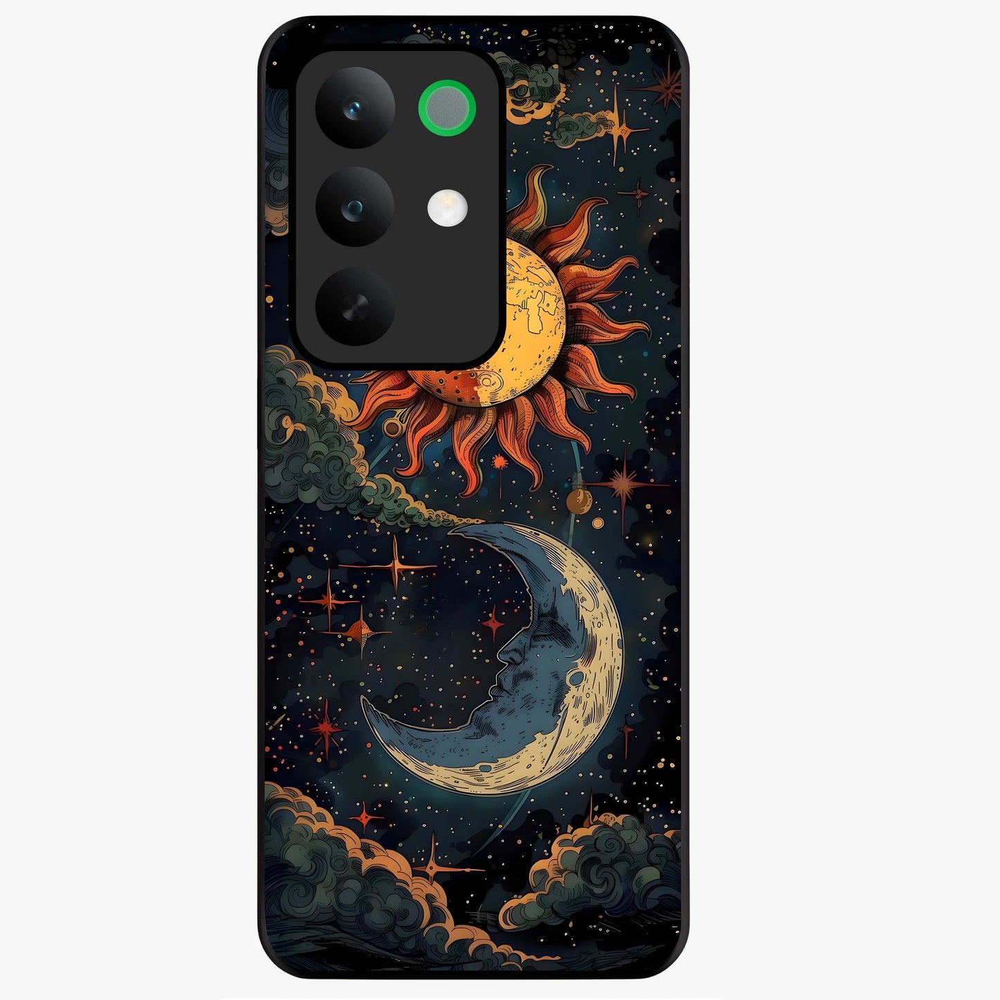 Sun And Moon Magic Design Glass Case showing flat back view with mystical sun and moon artwork and glossy glass finish.