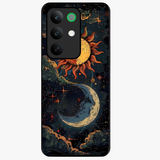 Sun And Moon Magic Design Glass Case showing flat back view with mystical sun and moon artwork and glossy glass finish.