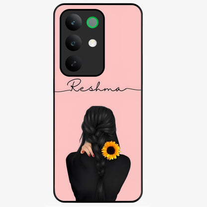Sunflower Braid Beauty With Custom Name Glass Case showing flat back view with sunflower braid artwork and personalized name design.