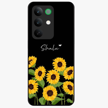 Sunflower Chic Mood Custom Name Glass Case showing flat back view with stylish sunflower artwork and personalized name design.