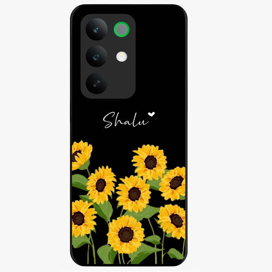 Sunflower Chic Mood Custom Name Glass Case showing flat back view with stylish sunflower artwork and personalized name design.