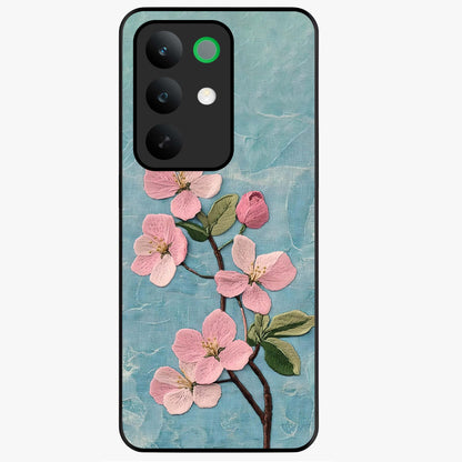 Threaded Blossom Breeze Glass Case showing flat back view with delicate blossom artwork and glossy glass finish.