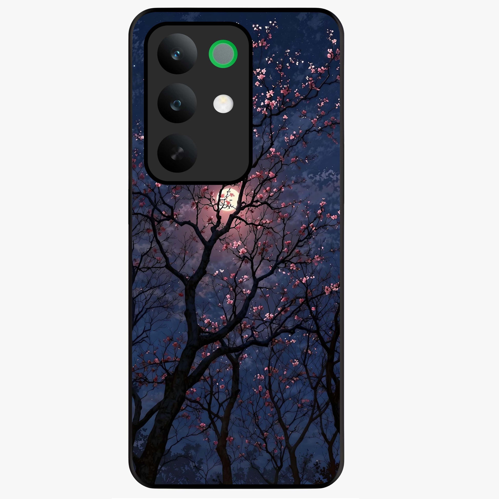 Twilight Sakura Serenade Glass Case showing flat back view with cherry blossom artwork at twilight and glossy glass finish.