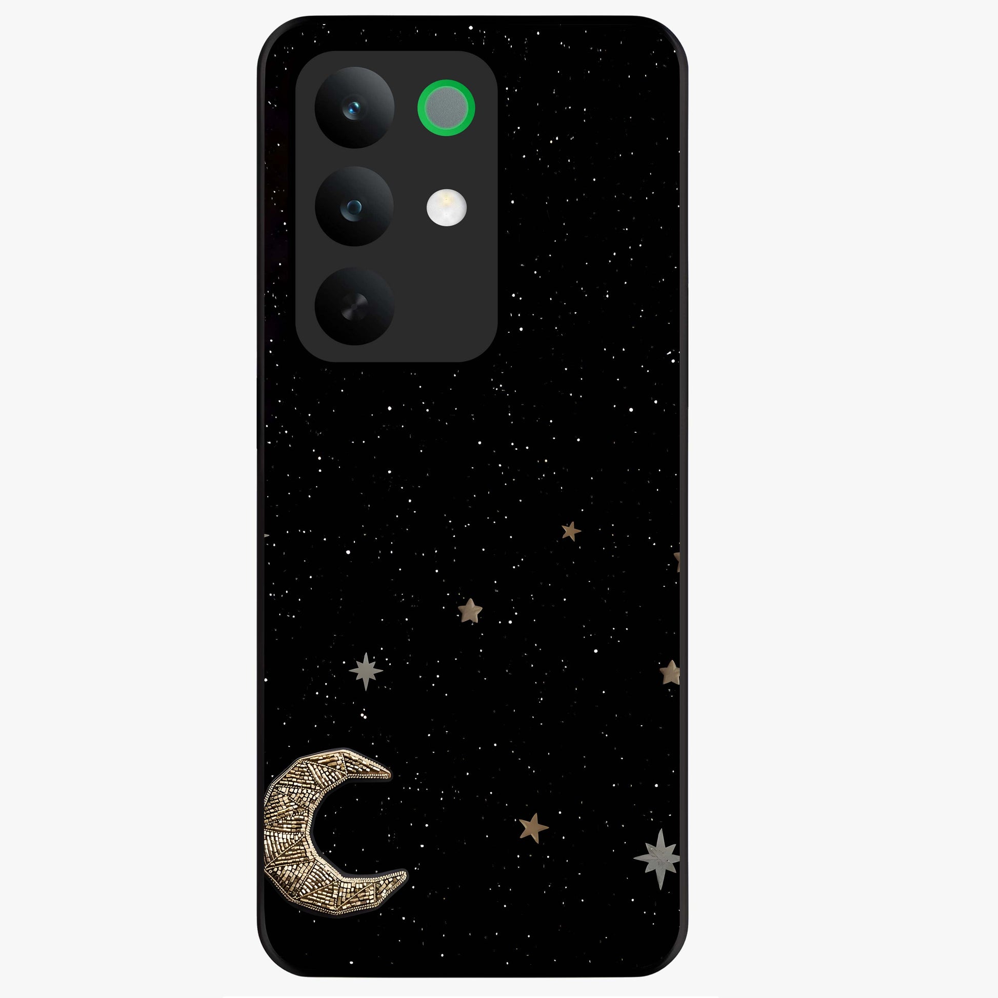 Twinkle Star With Half Moon Glass Case showing flat back view with star and half moon artwork and glossy glass finish.