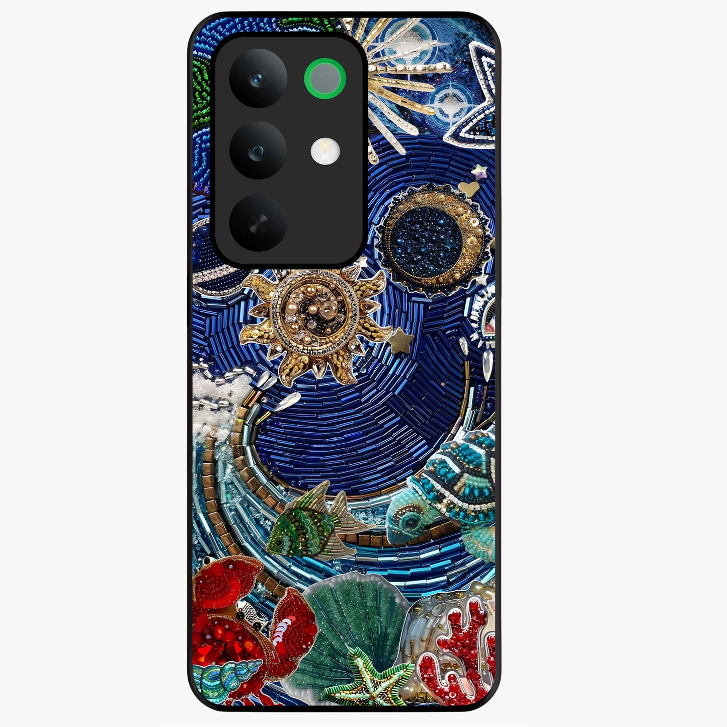 Universe Underwater Spark Glass Case showing flat back view with cosmic underwater themed artwork and glossy glass finish.