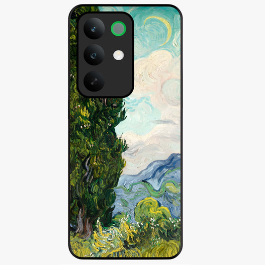 Van Gogh Vintage Art Glass Case showing flat back view with vintage painterly artwork inspired by Van Gogh style and glossy glass finish.