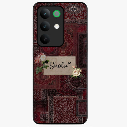 Velvet Wine Pattern Custom Name Glass Case showing flat back view with elegant wine colored pattern artwork and personalized name design.